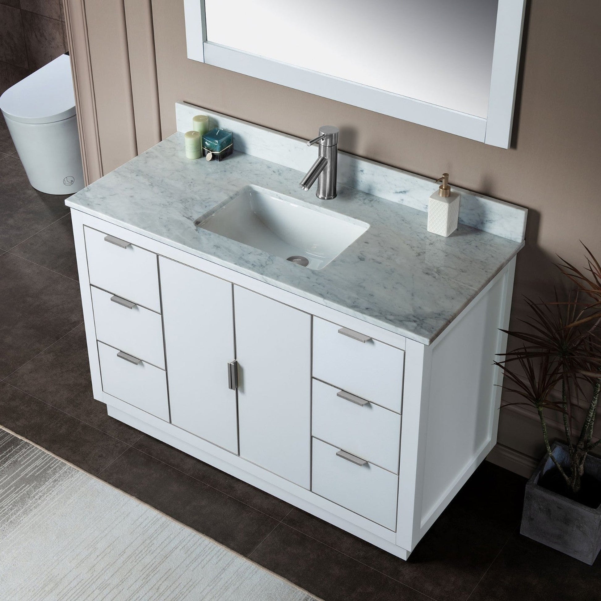 Woodbridge Venice 48" White and Brushed Nickel Trim Solid Wood Vanity Base and Carrara Marble Top With Pre-Drilled Single Hole Faucet