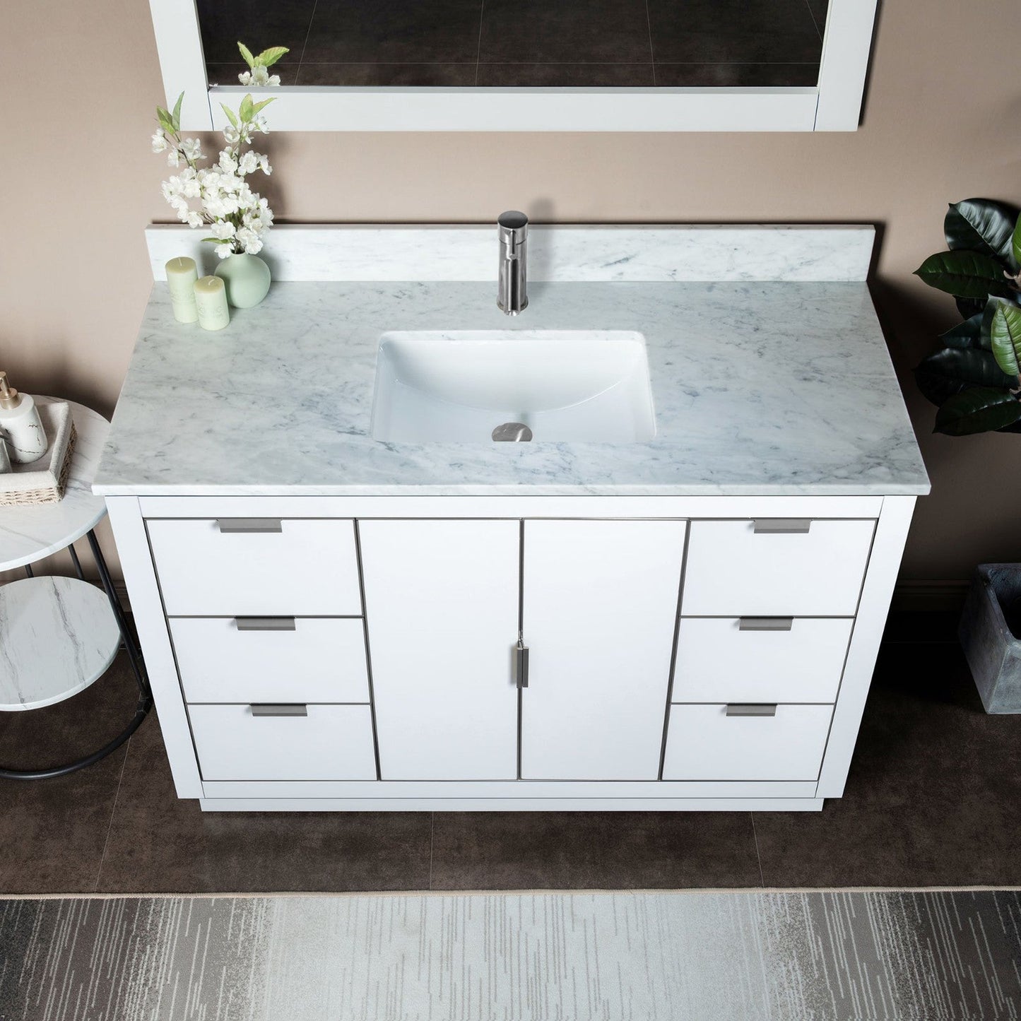 Woodbridge Venice 48" White and Brushed Nickel Trim Solid Wood Vanity Base and Carrara Marble Top With Pre-Drilled Single Hole Faucet