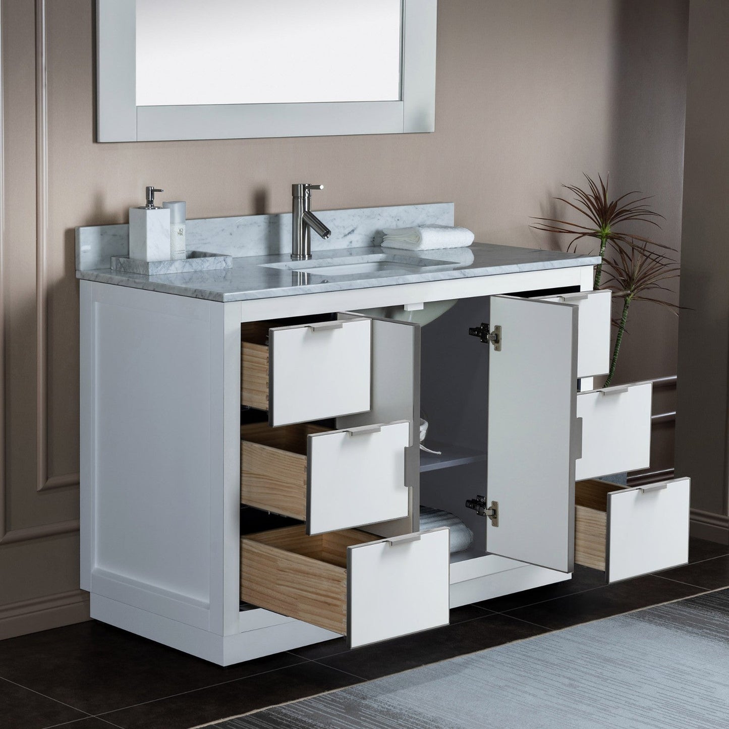 Woodbridge Venice 48" White and Brushed Nickel Trim Solid Wood Vanity Base and Carrara Marble Top With Pre-Drilled Single Hole Faucet