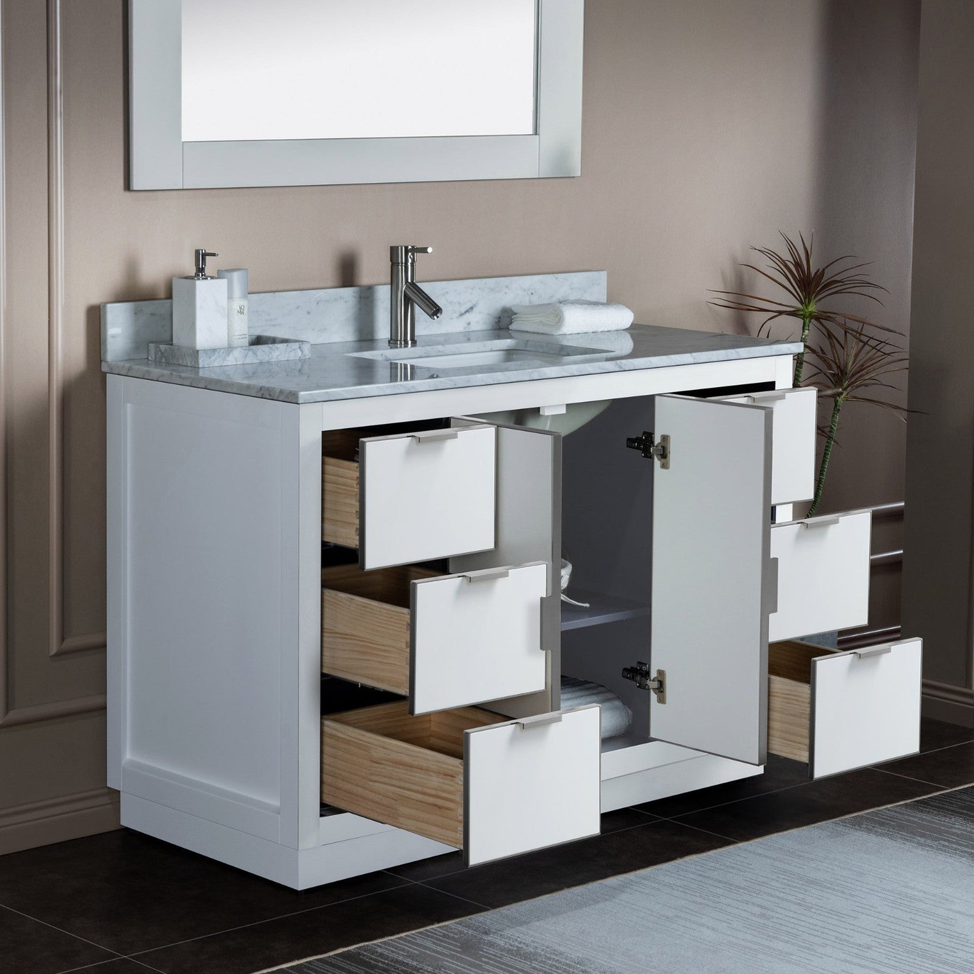 Woodbridge Venice 48" White and Brushed Nickel Trim Solid Wood Vanity Base and Carrara Marble Top With Pre-Drilled Single Hole Faucet