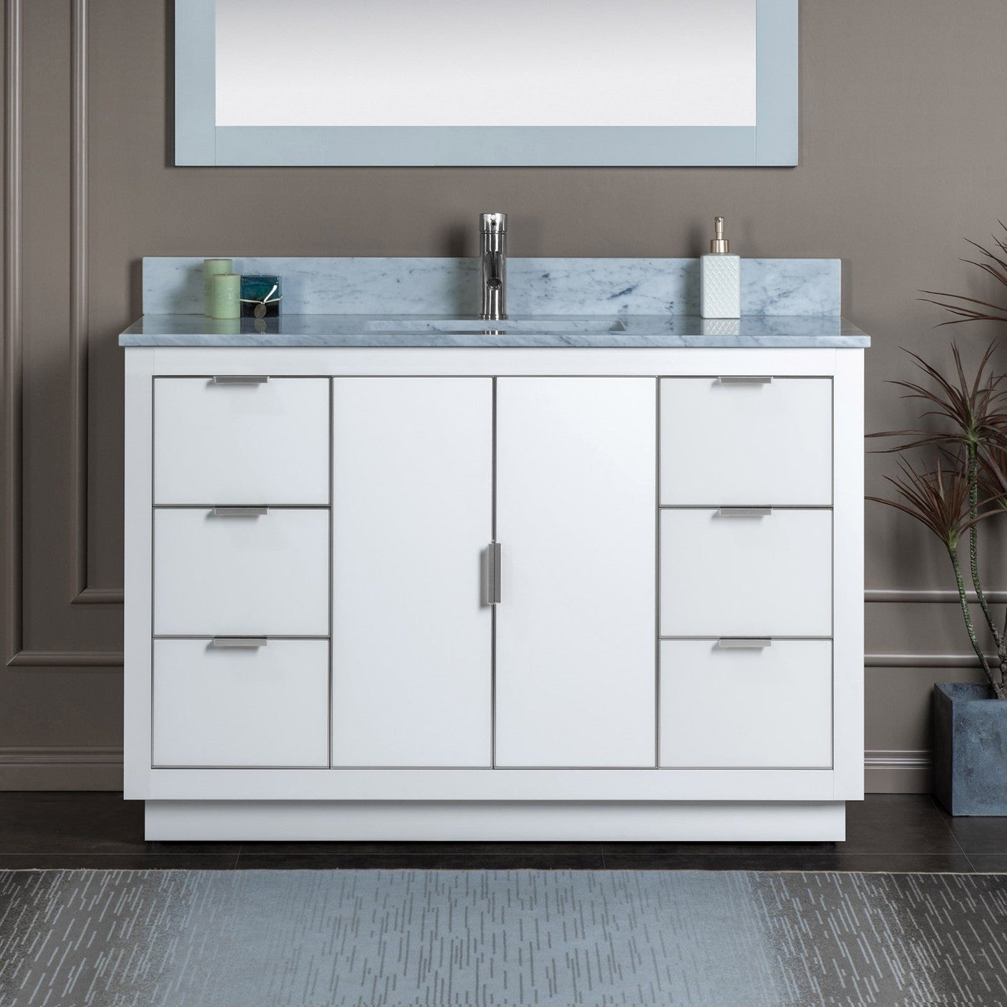 Woodbridge Venice 48" White and Brushed Nickel Trim Solid Wood Vanity Base and Carrara Marble Top With Pre-Drilled Single Hole Faucet