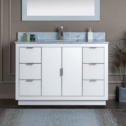 Woodbridge Venice 48" White and Brushed Nickel Trim Solid Wood Vanity Base and Carrara Marble Top With Pre-Drilled Single Hole Faucet