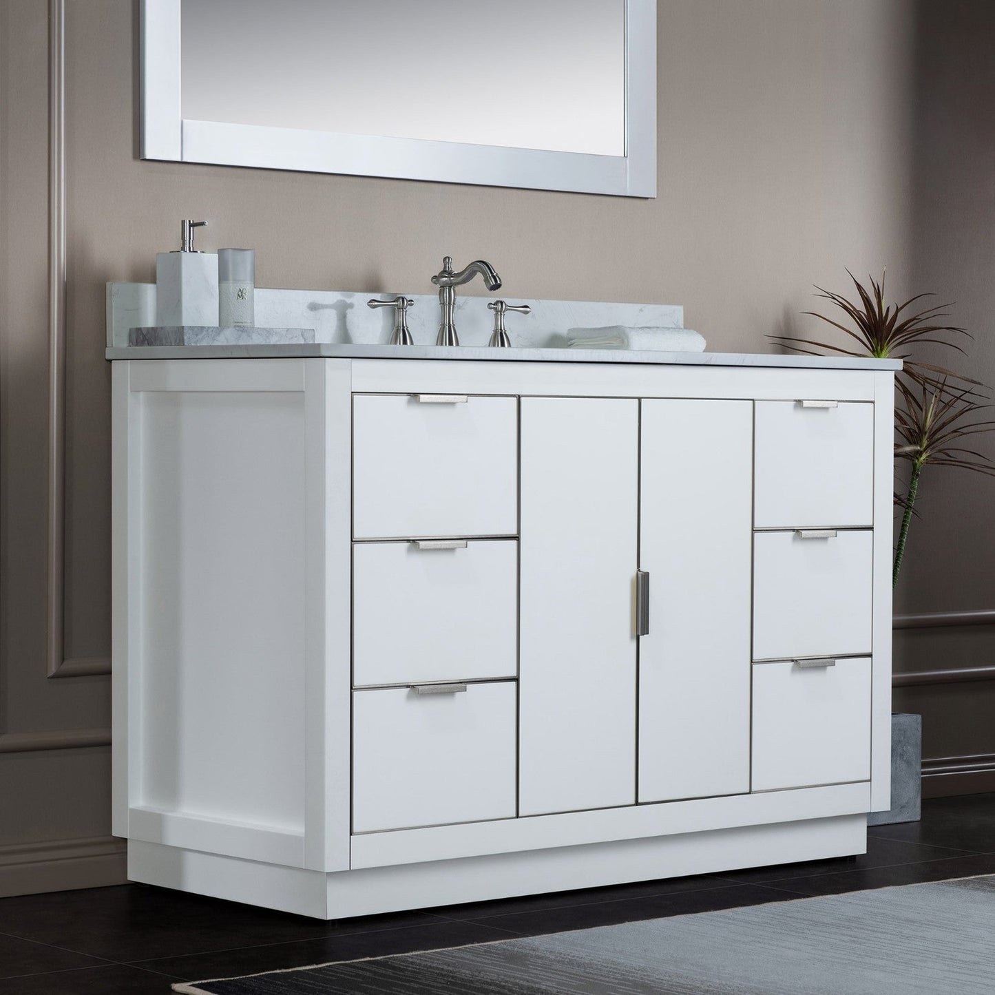Woodbridge Venice 48" White and Brushed Nickel Trim Solid Wood Vanity Base and Carrara White Engineered Stone Top With 3 Pre-drilled Holes for 8" Widespread Faucet