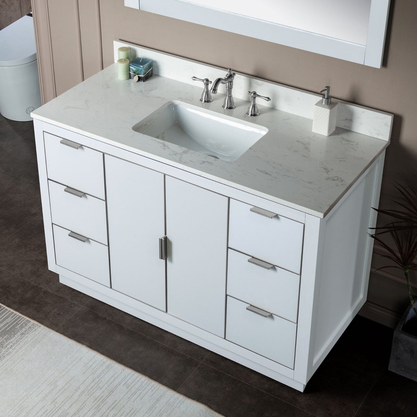 Woodbridge Venice 48" White and Brushed Nickel Trim Solid Wood Vanity Base and Carrara White Engineered Stone Top With 3 Pre-drilled Holes for 8" Widespread Faucet