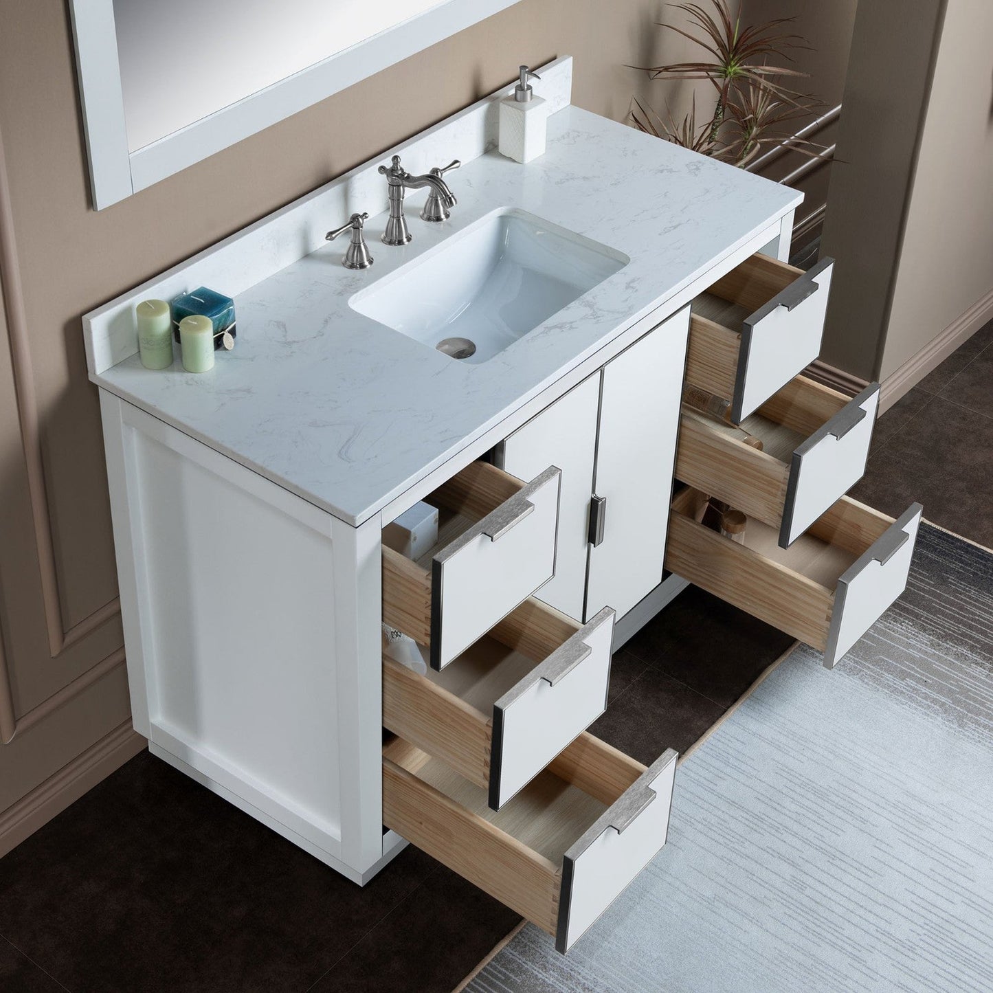 Woodbridge Venice 48" White and Brushed Nickel Trim Solid Wood Vanity Base and Carrara White Engineered Stone Top With 3 Pre-drilled Holes for 8" Widespread Faucet