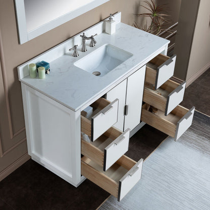 Woodbridge Venice 48" White and Brushed Nickel Trim Solid Wood Vanity Base and Carrara White Engineered Stone Top With 3 Pre-drilled Holes for 8" Widespread Faucet