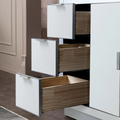 Woodbridge Venice 48" White and Brushed Nickel Trim Solid Wood Vanity Base and Carrara White Engineered Stone Top With 3 Pre-drilled Holes for 8" Widespread Faucet