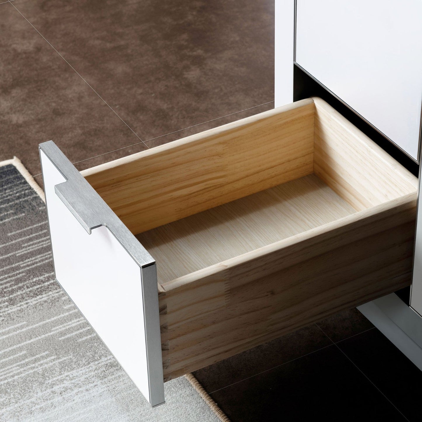 Woodbridge Venice 48" White and Brushed Nickel Trim Solid Wood Vanity Base and Carrara White Engineered Stone Top With 3 Pre-drilled Holes for 8" Widespread Faucet