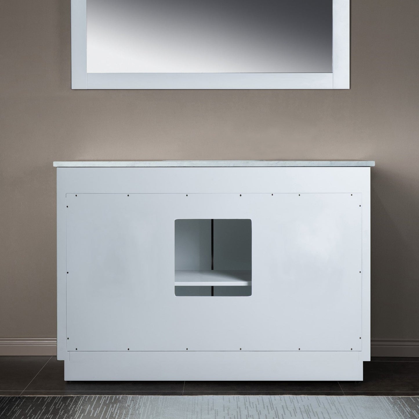 Woodbridge Venice 48" White and Brushed Nickel Trim Solid Wood Vanity Base and Carrara White Engineered Stone Top With 3 Pre-drilled Holes for 8" Widespread Faucet