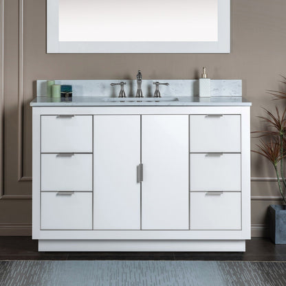 Woodbridge Venice 48" White and Brushed Nickel Trim Solid Wood Vanity Base and Carrara White Engineered Stone Top With 3 Pre-drilled Holes for 8" Widespread Faucet