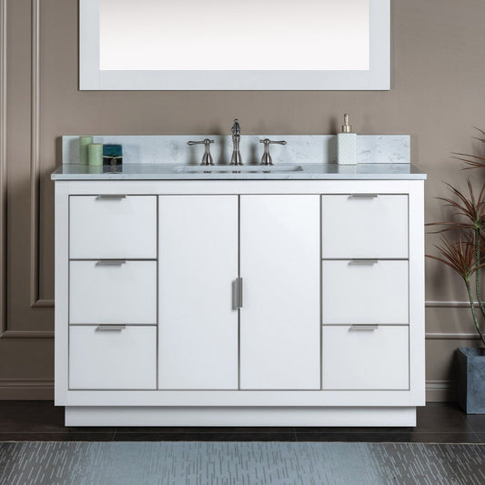 Woodbridge Venice 48" White and Brushed Nickel Trim Solid Wood Vanity Base and Carrara White Engineered Stone Top With 3 Pre-drilled Holes for 8" Widespread Faucet