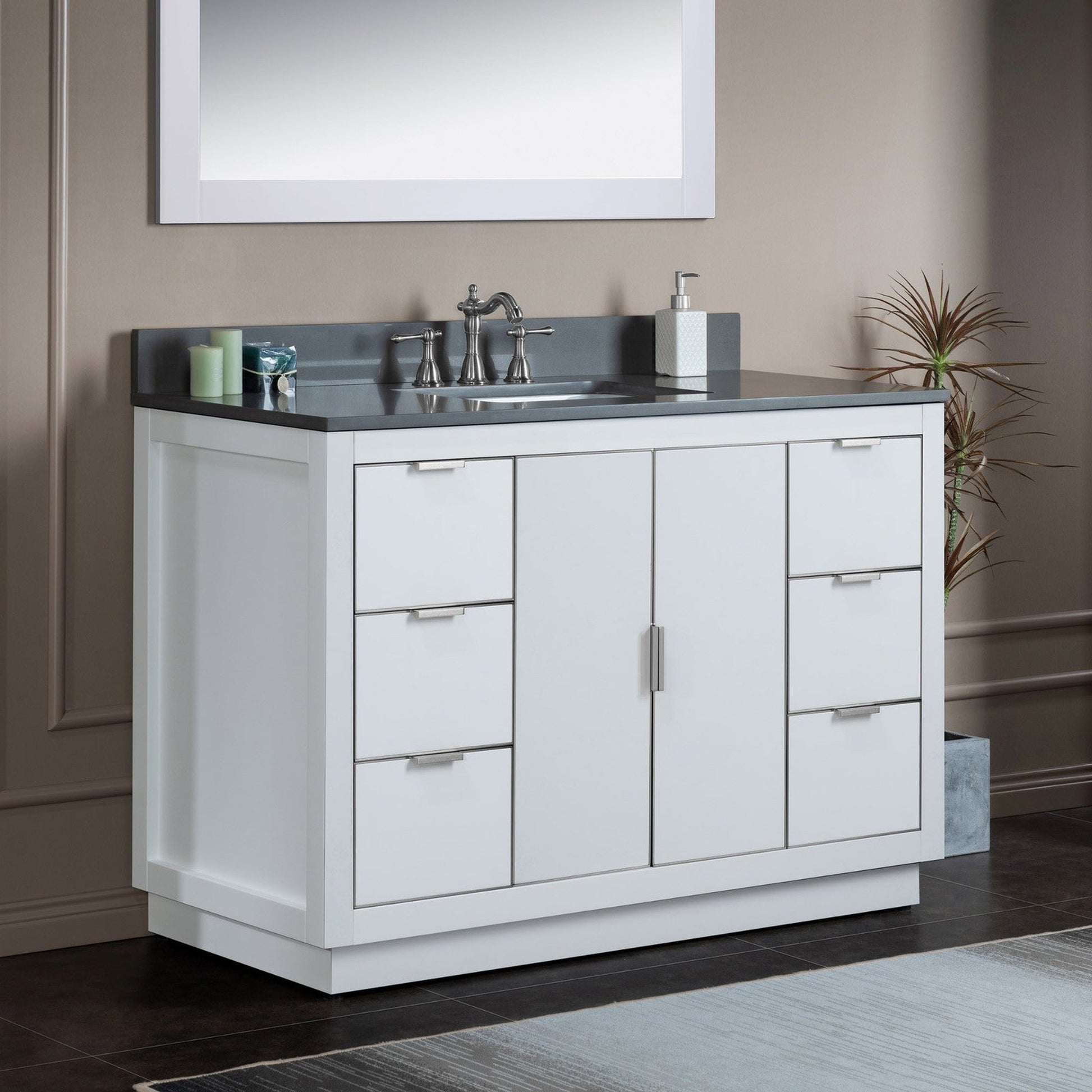 Woodbridge Venice 48" White and Brushed Nickel Trim Solid Wood Vanity Base and Dark Gray Engineered Stone Composite Top With 3 Pre-drilled Holes for 8" Widespread Faucet