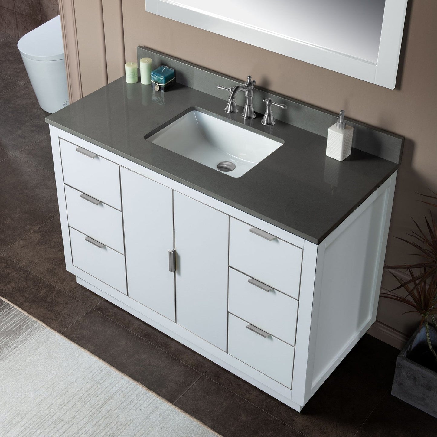 Woodbridge Venice 48" White and Brushed Nickel Trim Solid Wood Vanity Base and Dark Gray Engineered Stone Composite Top With 3 Pre-drilled Holes for 8" Widespread Faucet