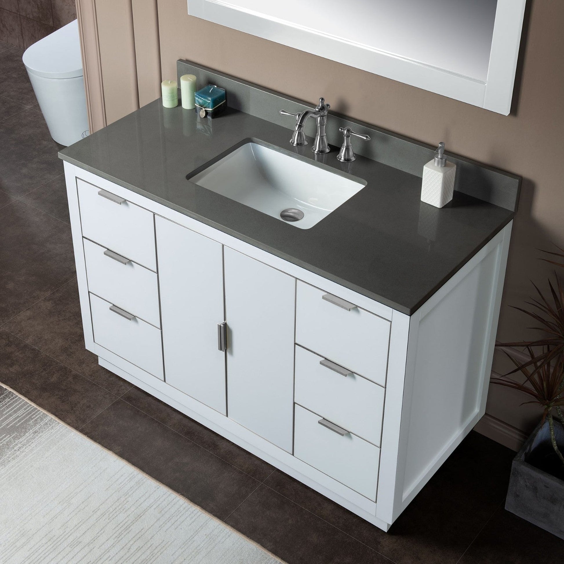 Woodbridge Venice 48" White and Brushed Nickel Trim Solid Wood Vanity Base and Dark Gray Engineered Stone Composite Top With 3 Pre-drilled Holes for 8" Widespread Faucet
