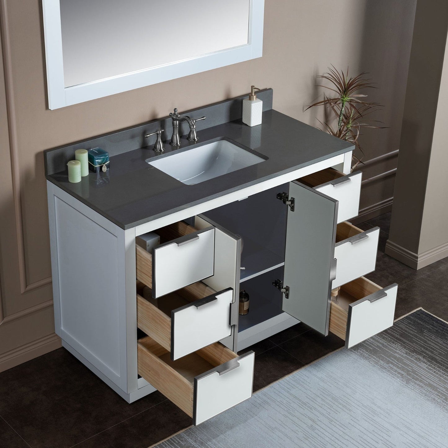 Woodbridge Venice 48" White and Brushed Nickel Trim Solid Wood Vanity Base and Dark Gray Engineered Stone Composite Top With 3 Pre-drilled Holes for 8" Widespread Faucet