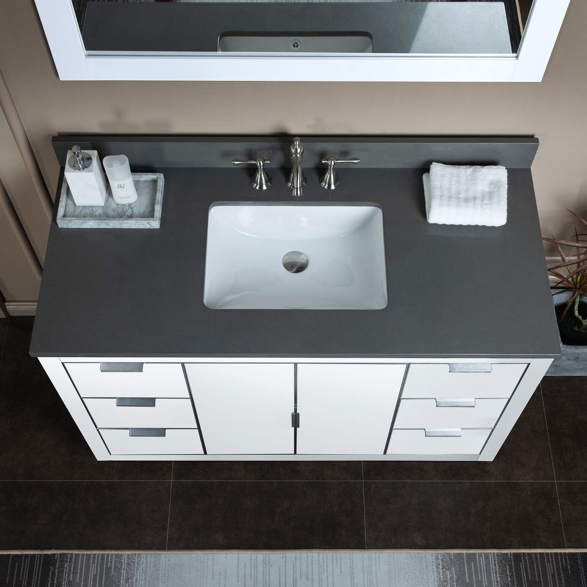 Woodbridge Venice 48" White and Brushed Nickel Trim Solid Wood Vanity Base and Dark Gray Engineered Stone Composite Top With 3 Pre-drilled Holes for 8" Widespread Faucet