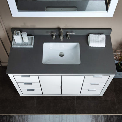 Woodbridge Venice 48" White and Brushed Nickel Trim Solid Wood Vanity Base and Dark Gray Engineered Stone Composite Top With 3 Pre-drilled Holes for 8" Widespread Faucet