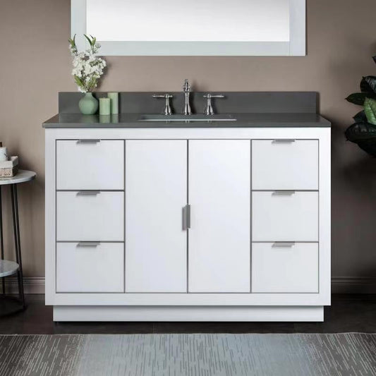 Woodbridge Venice 48" White and Brushed Nickel Trim Solid Wood Vanity Base and Dark Gray Engineered Stone Composite Top With 3 Pre-drilled Holes for 8" Widespread Faucet