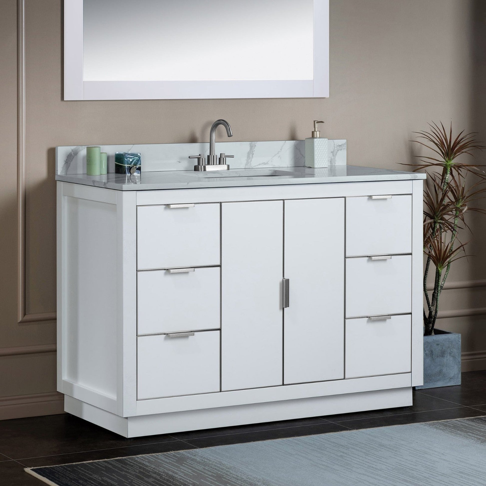 Woodbridge Venice 48" White and Brushed Nickel Trim Solid Wood Vanity Base and Fish Belly White Engineered Stone Composite Top With 3 Pre-Drilled Holes for 4" Centerset Faucet