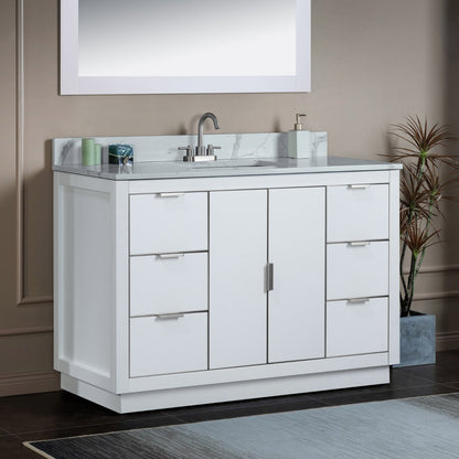 Woodbridge Venice 48" White and Brushed Nickel Trim Solid Wood Vanity Base and Fish Belly White Engineered Stone Composite Top With 3 Pre-Drilled Holes for 4" Centerset Faucet