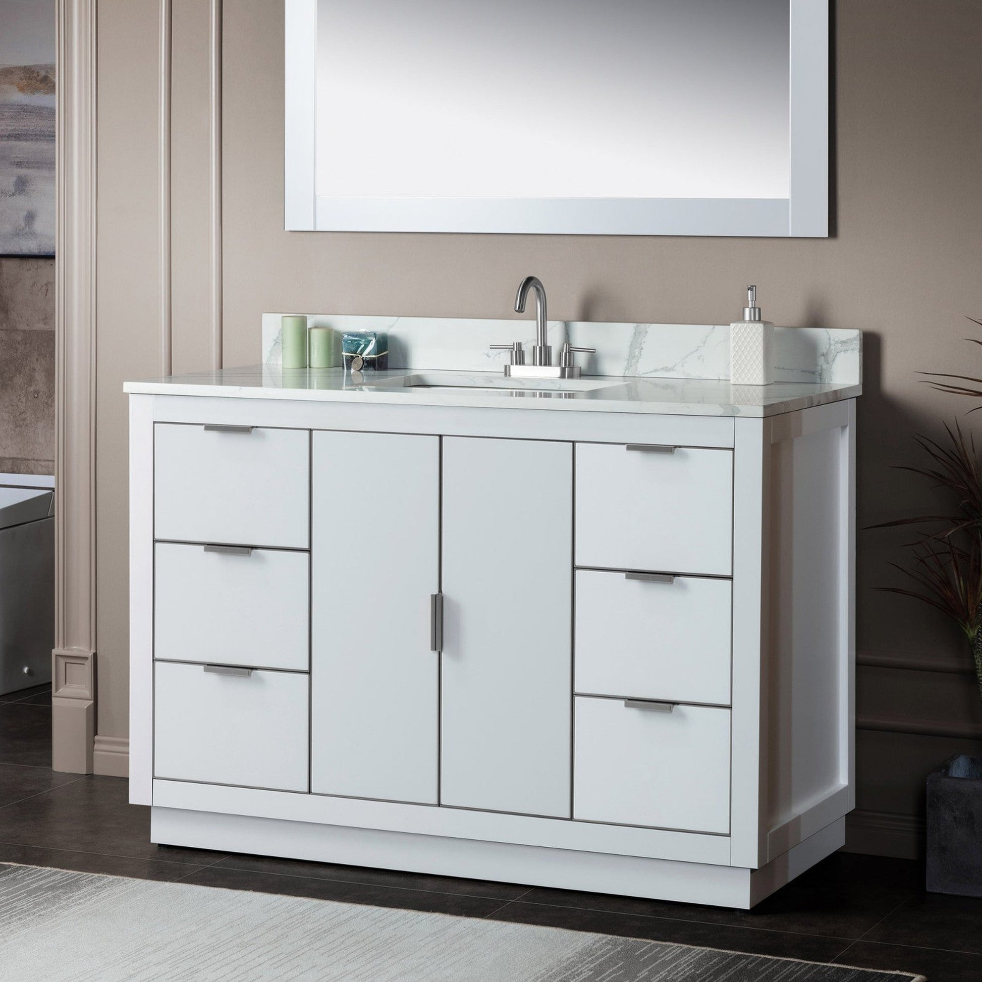 Woodbridge Venice 48" White and Brushed Nickel Trim Solid Wood Vanity Base and Fish Belly White Engineered Stone Composite Top With 3 Pre-Drilled Holes for 4" Centerset Faucet
