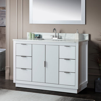 Woodbridge Venice 48" White and Brushed Nickel Trim Solid Wood Vanity Base and Fish Belly White Engineered Stone Composite Top With 3 Pre-Drilled Holes for 4" Centerset Faucet