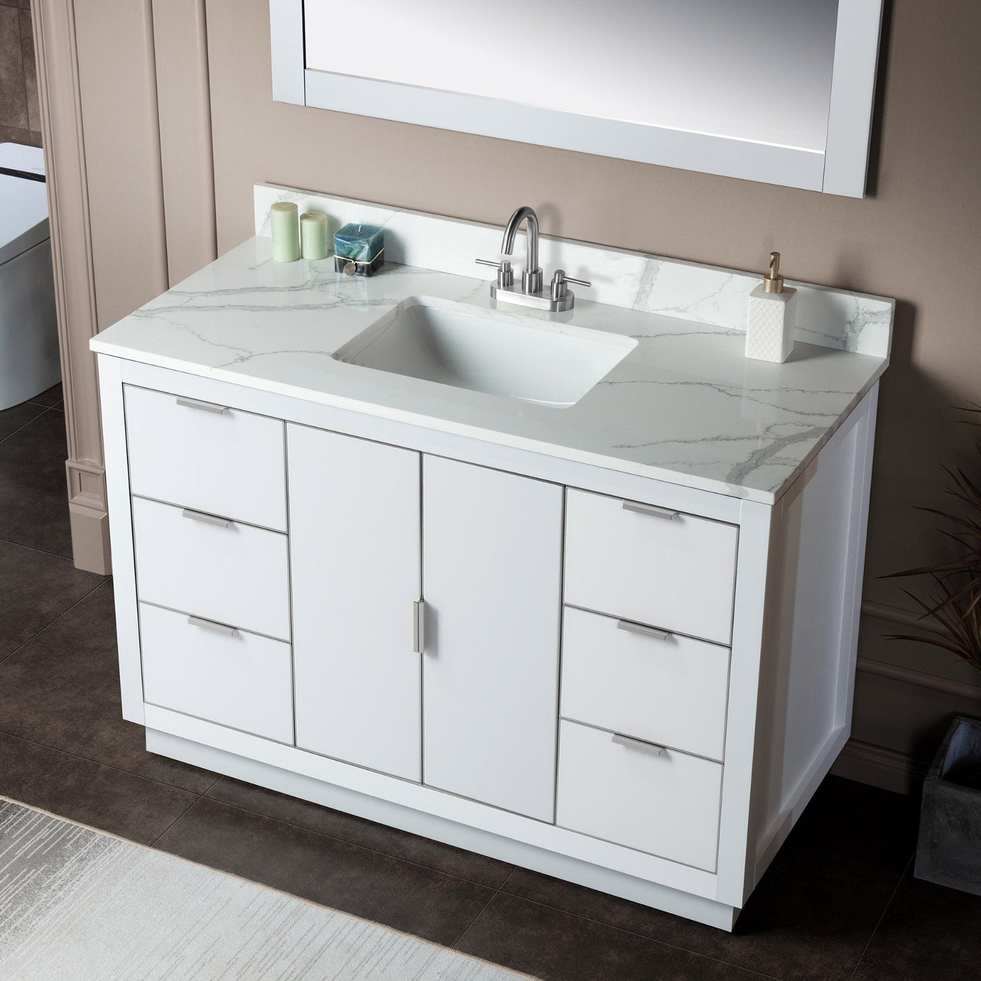 Woodbridge Venice 48" White and Brushed Nickel Trim Solid Wood Vanity Base and Fish Belly White Engineered Stone Composite Top With 3 Pre-Drilled Holes for 4" Centerset Faucet