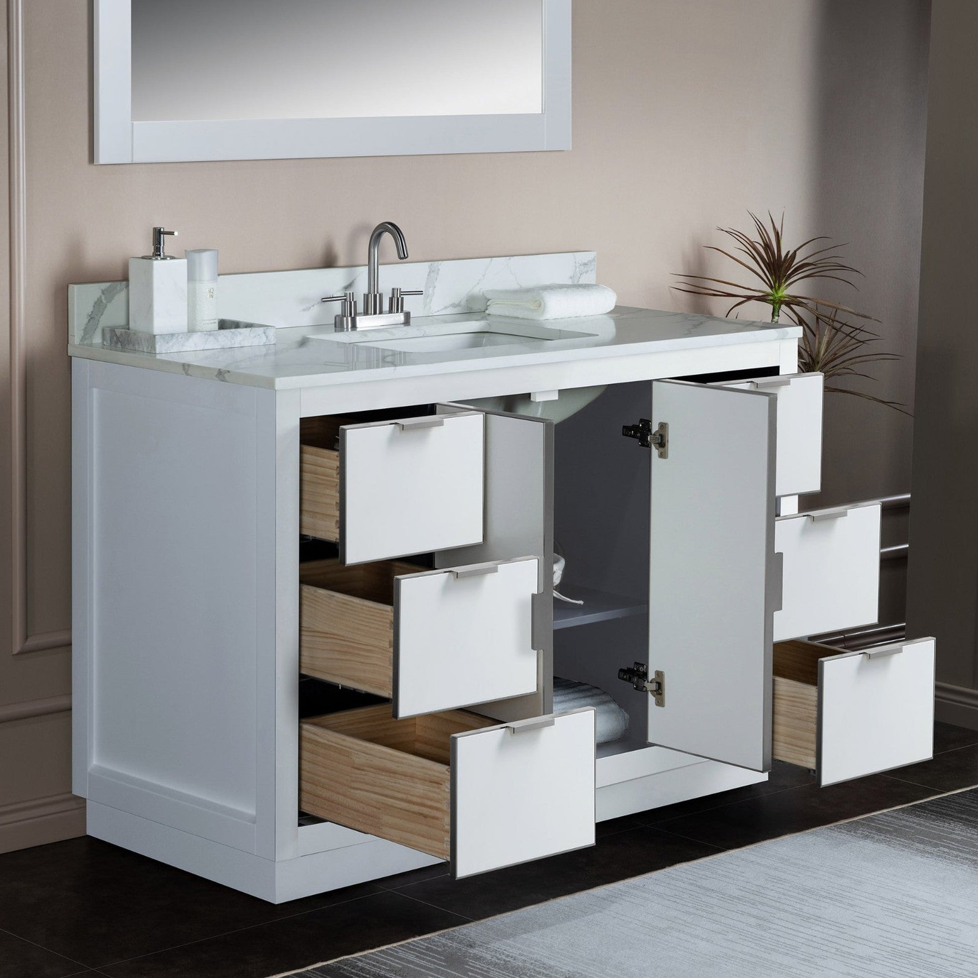 Woodbridge Venice 48" White and Brushed Nickel Trim Solid Wood Vanity Base and Fish Belly White Engineered Stone Composite Top With 3 Pre-Drilled Holes for 4" Centerset Faucet
