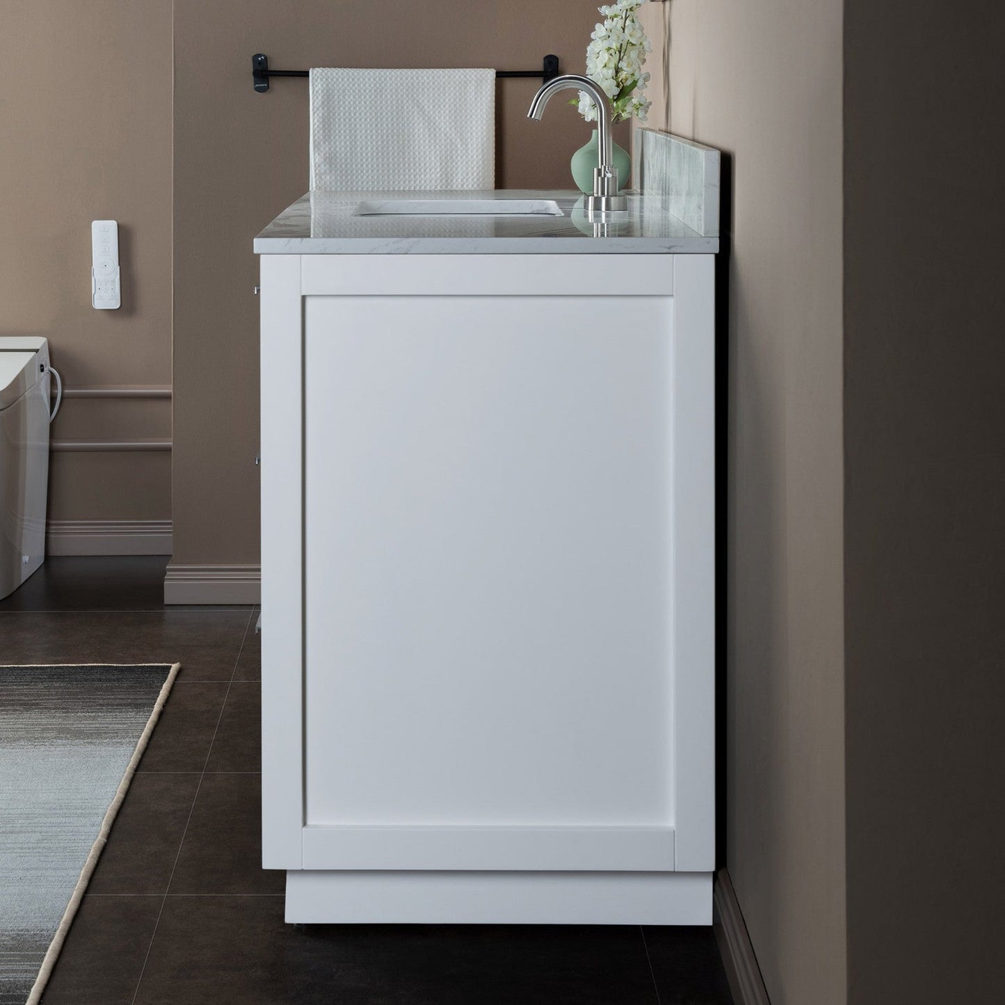 Woodbridge Venice 48" White and Brushed Nickel Trim Solid Wood Vanity Base and Fish Belly White Engineered Stone Composite Top With 3 Pre-Drilled Holes for 4" Centerset Faucet