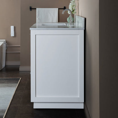 Woodbridge Venice 48" White and Brushed Nickel Trim Solid Wood Vanity Base and Fish Belly White Engineered Stone Composite Top With 3 Pre-Drilled Holes for 4" Centerset Faucet