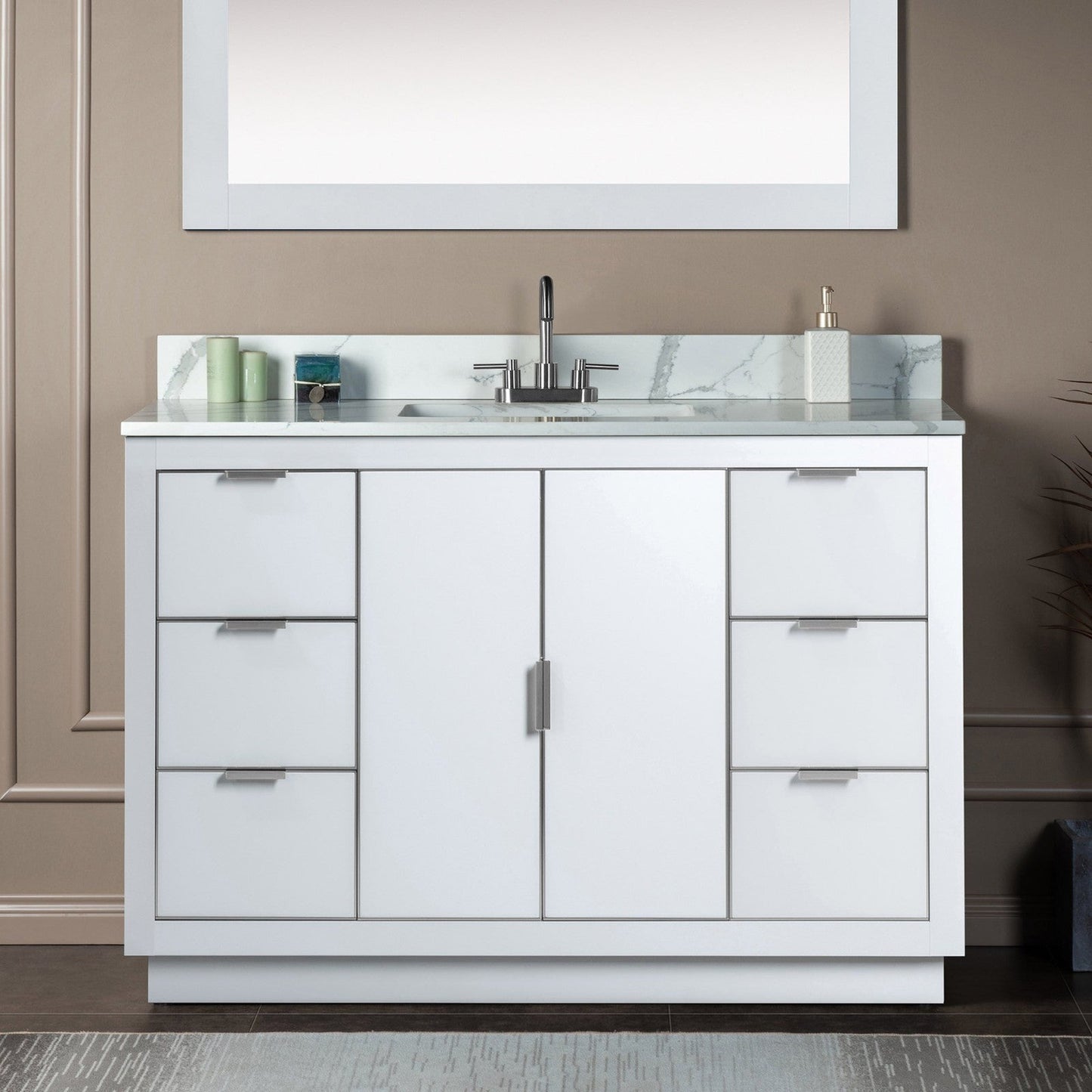 Woodbridge Venice 48" White and Brushed Nickel Trim Solid Wood Vanity Base and Fish Belly White Engineered Stone Composite Top With 3 Pre-Drilled Holes for 4" Centerset Faucet