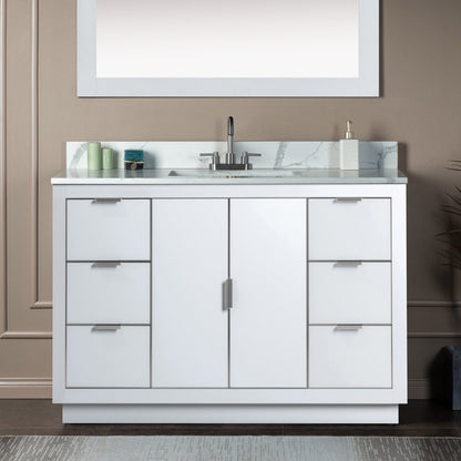 Woodbridge Venice 48" White and Brushed Nickel Trim Solid Wood Vanity Base and Fish Belly White Engineered Stone Composite Top With 3 Pre-Drilled Holes for 4" Centerset Faucet