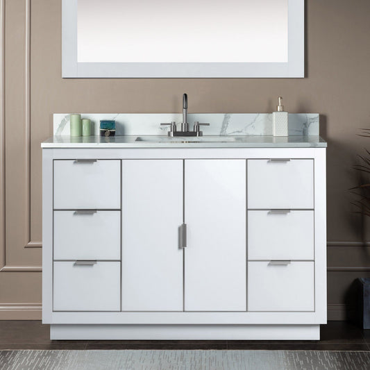 Woodbridge Venice 48" White and Brushed Nickel Trim Solid Wood Vanity Base and Fish Belly White Engineered Stone Composite Top With 3 Pre-Drilled Holes for 4" Centerset Faucet