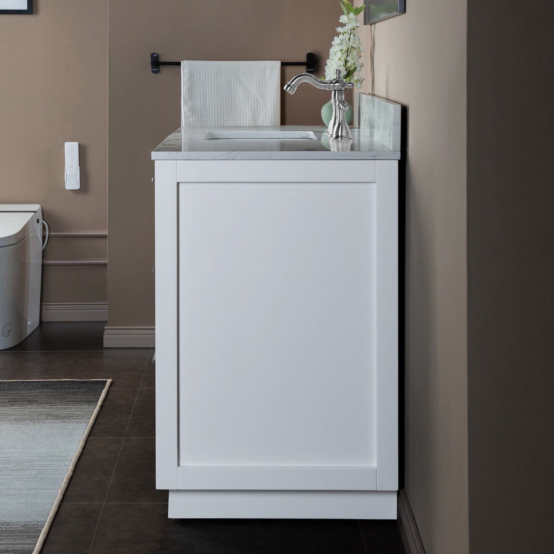 Woodbridge Venice 48" White and Brushed Nickel Trim Solid Wood Vanity Base and Fish Belly White Engineered Stone Composite Top With 3 Pre-drilled Holes for 8" Widespread Faucet