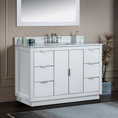 Woodbridge Venice 48" White and Brushed Nickel Trim Solid Wood Vanity Base and Fish Belly White Engineered Stone Composite Top With 3 Pre-drilled Holes for 8" Widespread Faucet