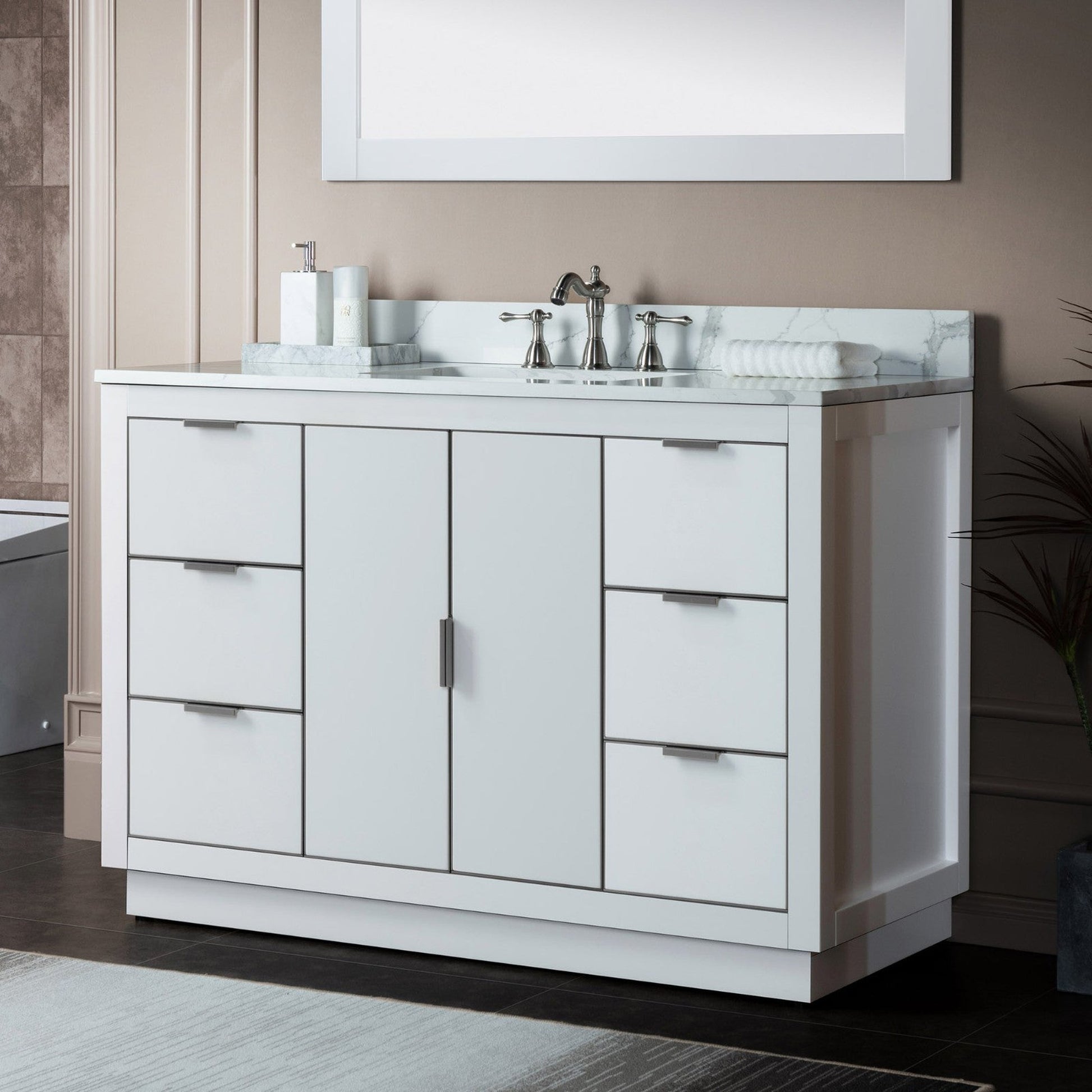 Woodbridge Venice 48" White and Brushed Nickel Trim Solid Wood Vanity Base and Fish Belly White Engineered Stone Composite Top With 3 Pre-drilled Holes for 8" Widespread Faucet