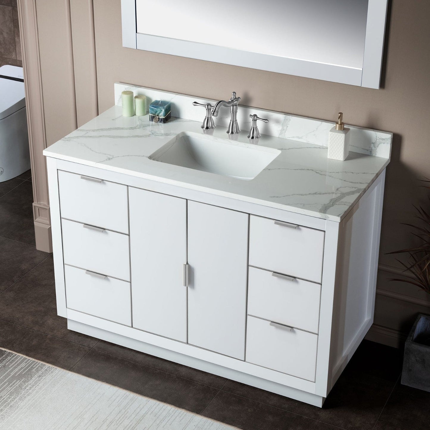 Woodbridge Venice 48" White and Brushed Nickel Trim Solid Wood Vanity Base and Fish Belly White Engineered Stone Composite Top With 3 Pre-drilled Holes for 8" Widespread Faucet