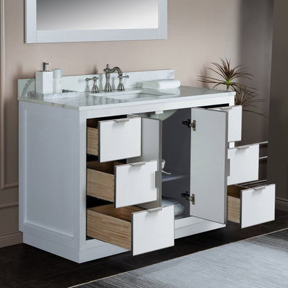 Woodbridge Venice 48" White and Brushed Nickel Trim Solid Wood Vanity Base and Fish Belly White Engineered Stone Composite Top With 3 Pre-drilled Holes for 8" Widespread Faucet