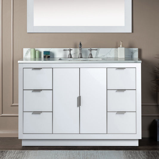 Woodbridge Venice 48" White and Brushed Nickel Trim Solid Wood Vanity Base and Fish Belly White Engineered Stone Composite Top With 3 Pre-drilled Holes for 8" Widespread Faucet