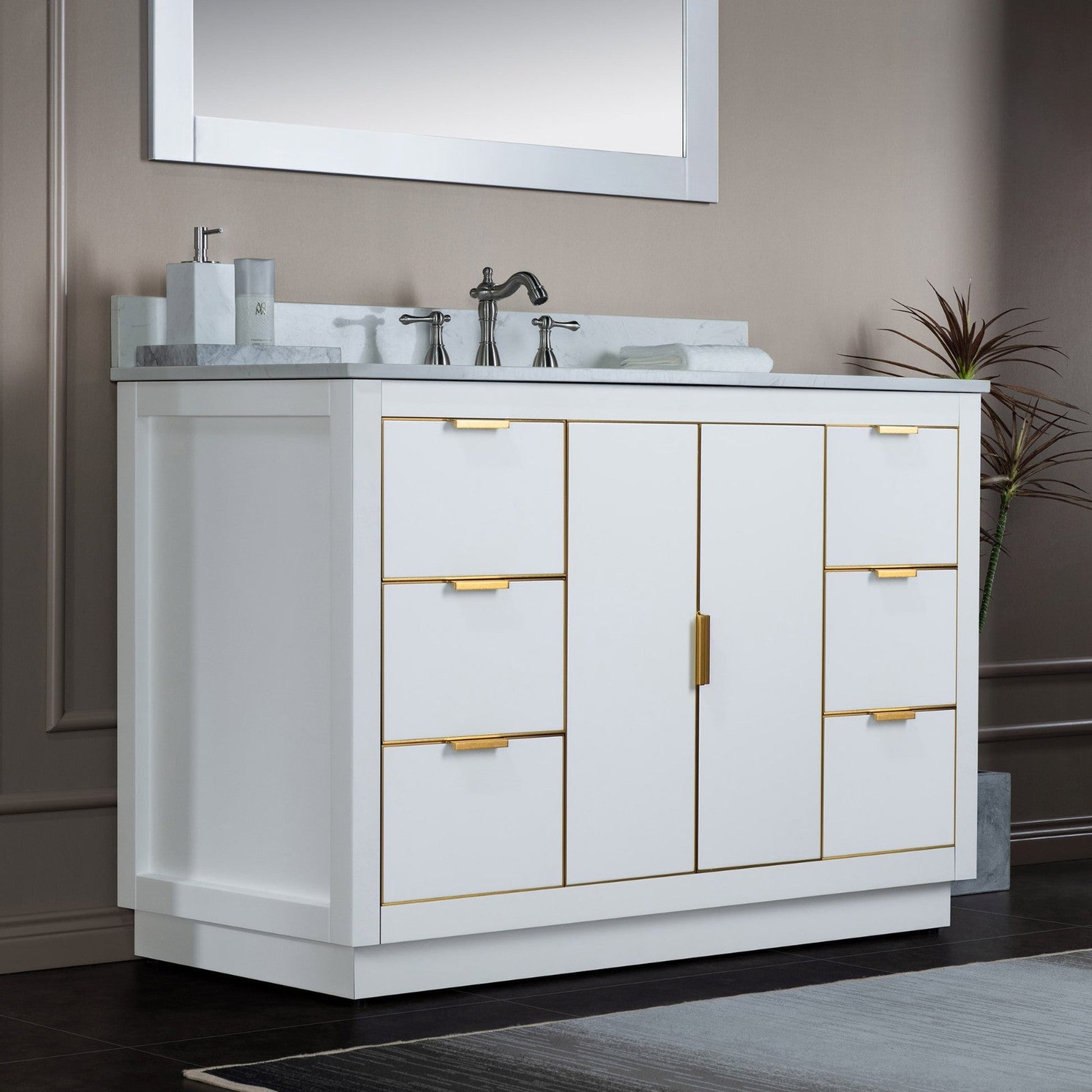 Woodbridge Venice 48" White and Gold Trim Solid Wood Vanity Base and Carrara Marble Top With 3 Pre-drilled Holes for 8" Widespread Faucet