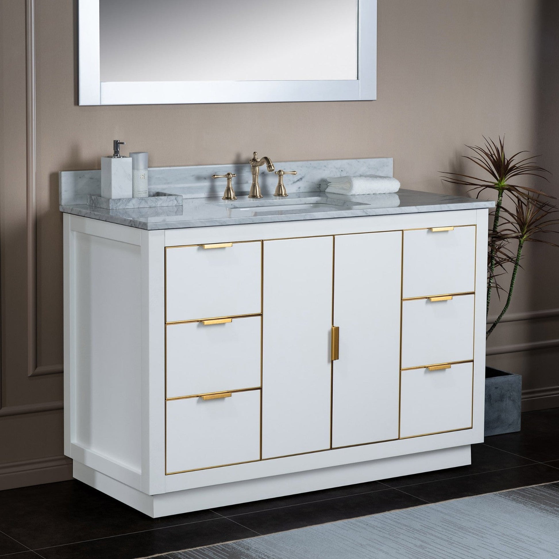 Woodbridge Venice 48" White and Gold Trim Solid Wood Vanity Base and Carrara Marble Top With 3 Pre-drilled Holes for 8" Widespread Faucet