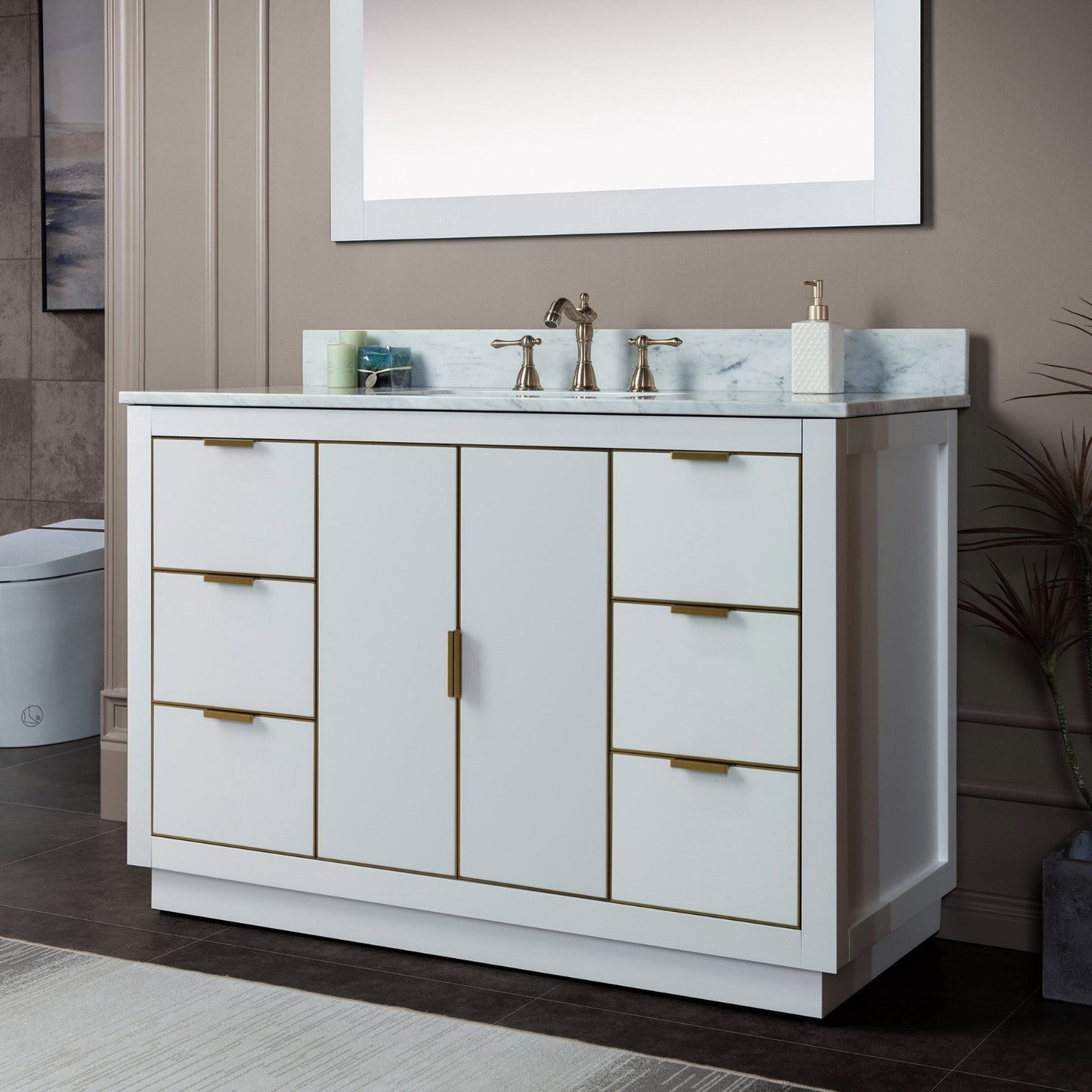 Woodbridge Venice 48" White and Gold Trim Solid Wood Vanity Base and Carrara Marble Top With 3 Pre-drilled Holes for 8" Widespread Faucet