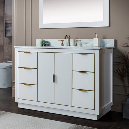 Woodbridge Venice 48" White and Gold Trim Solid Wood Vanity Base and Carrara Marble Top With 3 Pre-drilled Holes for 8" Widespread Faucet