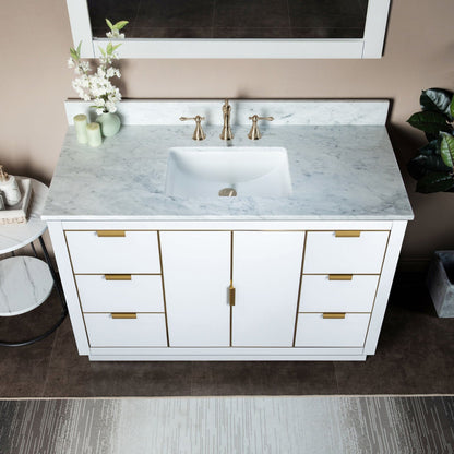 Woodbridge Venice 48" White and Gold Trim Solid Wood Vanity Base and Carrara Marble Top With 3 Pre-drilled Holes for 8" Widespread Faucet