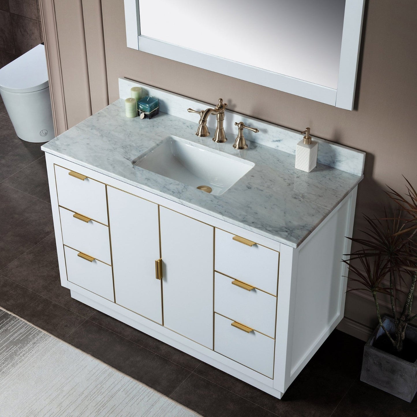 Woodbridge Venice 48" White and Gold Trim Solid Wood Vanity Base and Carrara Marble Top With 3 Pre-drilled Holes for 8" Widespread Faucet
