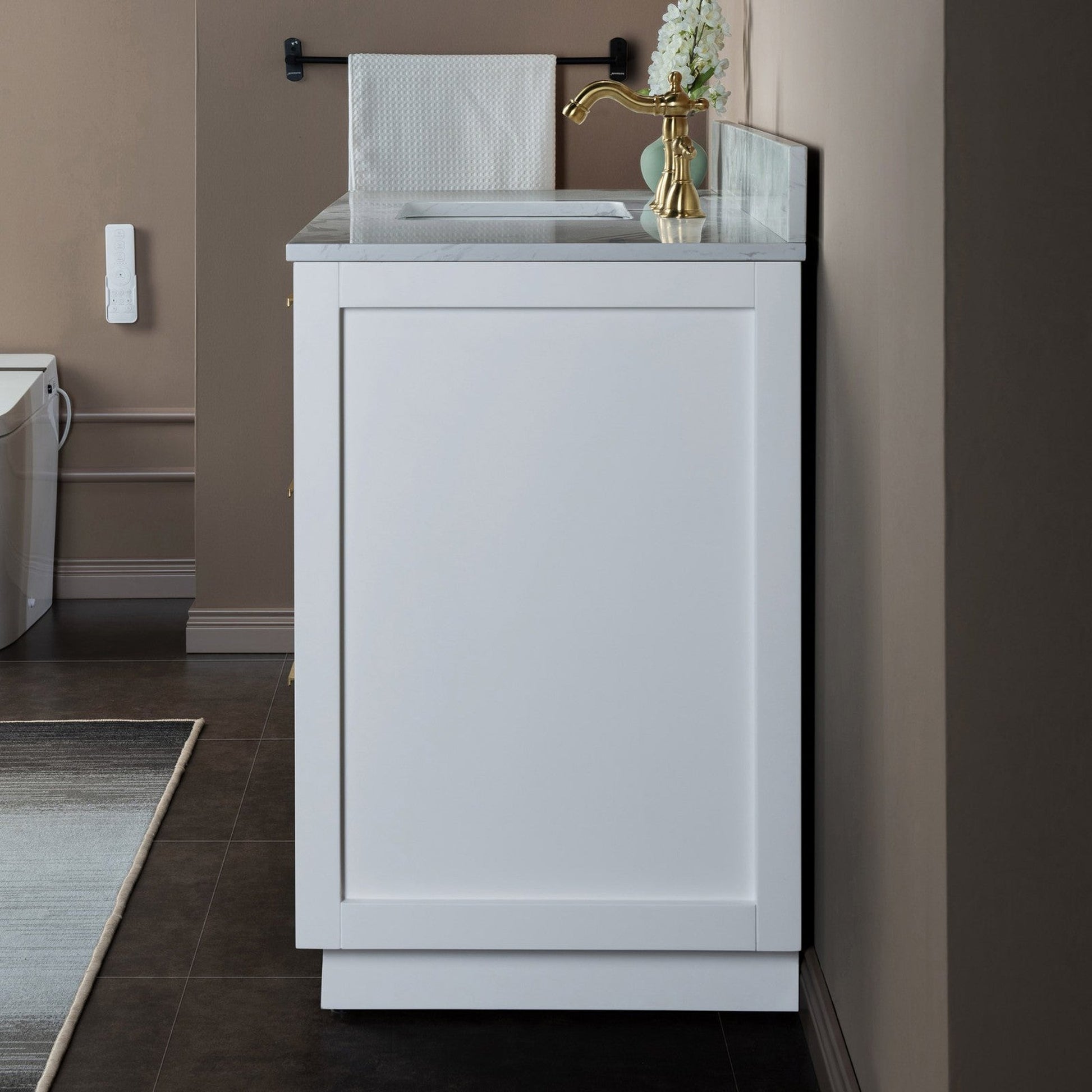 Woodbridge Venice 48" White and Gold Trim Solid Wood Vanity Base and Carrara Marble Top With 3 Pre-drilled Holes for 8" Widespread Faucet