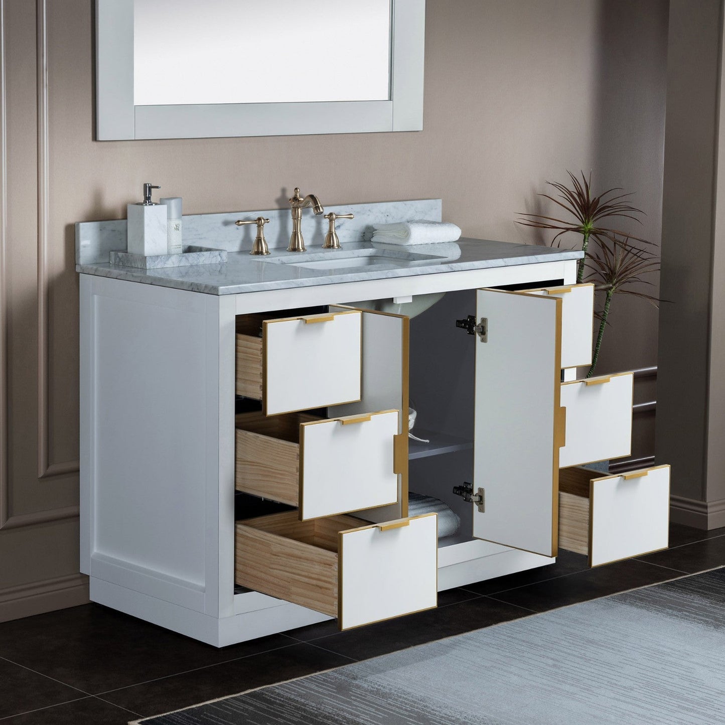 Woodbridge Venice 48" White and Gold Trim Solid Wood Vanity Base and Carrara Marble Top With 3 Pre-drilled Holes for 8" Widespread Faucet