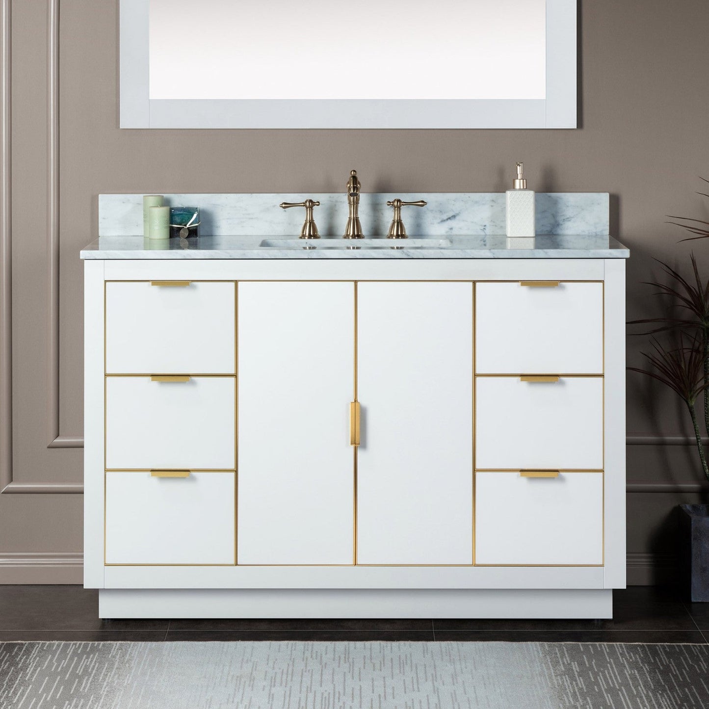 Woodbridge Venice 48" White and Gold Trim Solid Wood Vanity Base and Carrara Marble Top With 3 Pre-drilled Holes for 8" Widespread Faucet