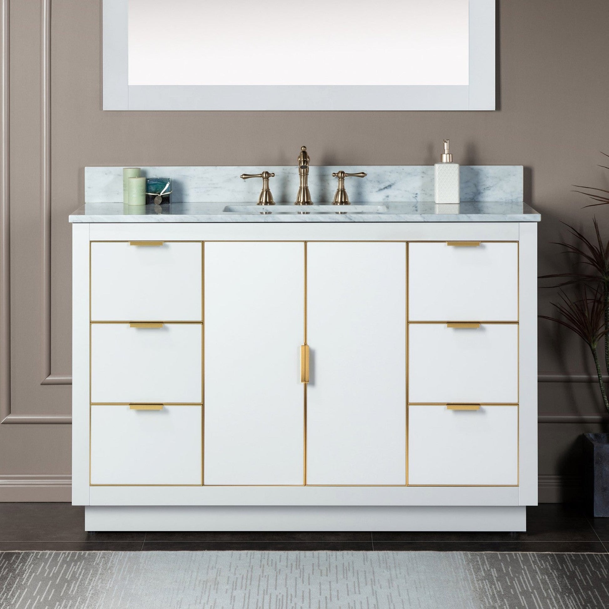 Woodbridge Venice 48" White and Gold Trim Solid Wood Vanity Base and Carrara Marble Top With 3 Pre-drilled Holes for 8" Widespread Faucet
