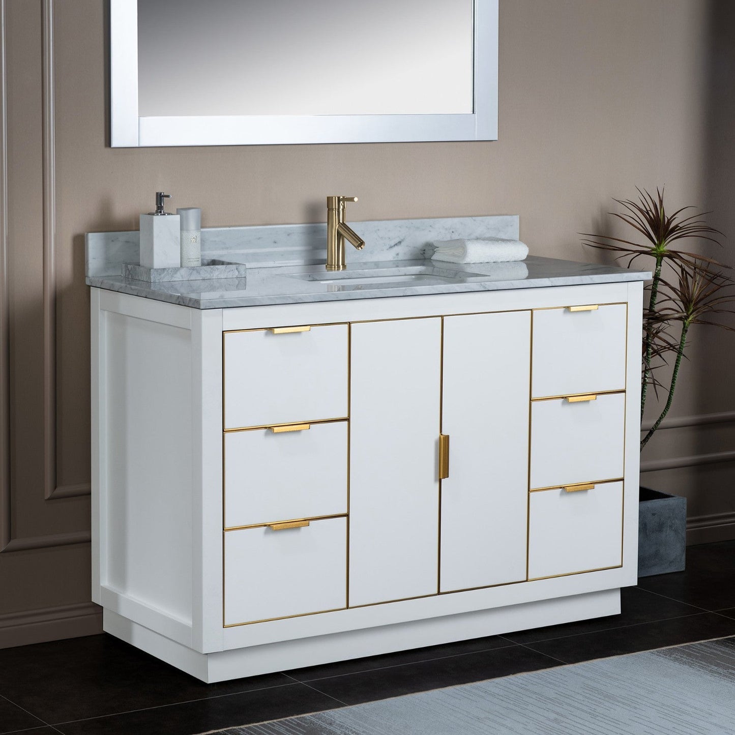 Woodbridge Venice 48" White and Gold Trim Solid Wood Vanity Base and Carrara Marble Top With Pre-Drilled Single Hole Faucet